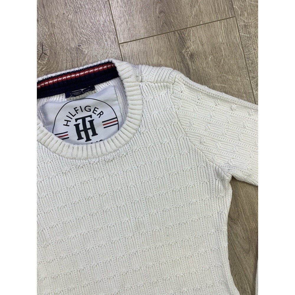Tommy Hilfiger Sweater Womens Med White Cable Knit Cotton Classic Preppy Tennis - Picture 6 of 16